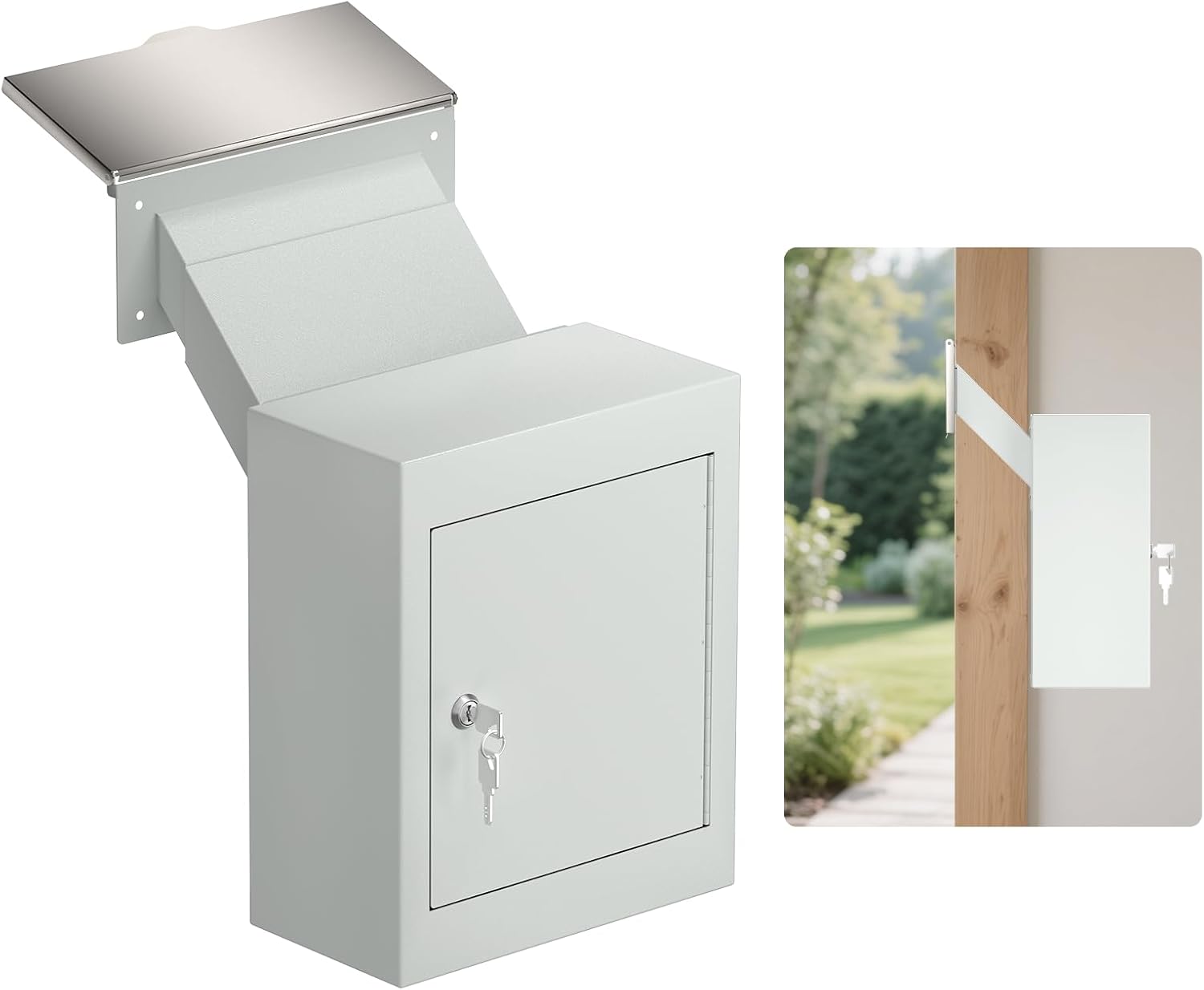 Pochar Through-The-Wall Drop Box with Rainproof Cover | Heavy Duty Through Wall Mailbox with 10-Inch Adjustable Chute | Rainproof Locking Drop Safe for Mail, Rent, Checks, Cash, and Keys(White)