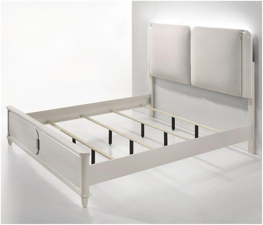 BOWERY HILL Wood Queen Bed with LED Lighting, Light Gray Boucle Headboard, Pearl White Finish, Acrylic Legs, Contemporary Style, Slat System, 91'L x 64'W x 62'H, Modern Bedroom Furniture