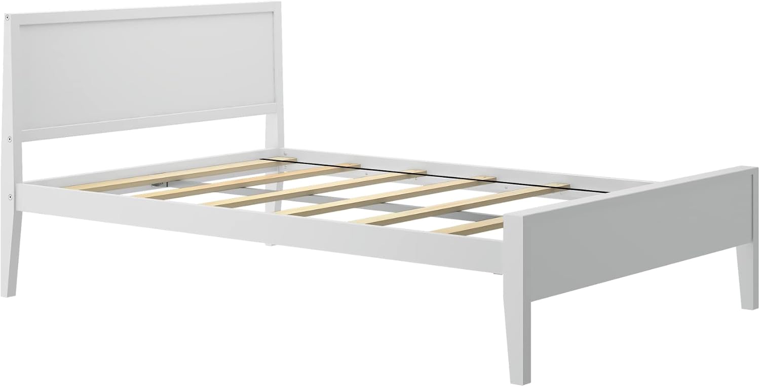 Max & Lily Full Bed, Solid Wood Full Bed Frame with Panel Headboard, Kids Full Bed with Wood Slat Support, No Box Spring Needed, White