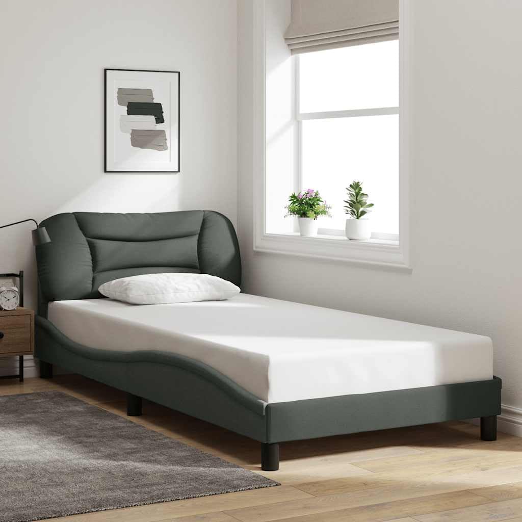 Modern Curved Dark Grey Bed Frame with Sturdy Pine Wood Construction and Breathable Polyester Fabric, Comfortable Headboard Cushion for Elegant Bedroom Decor, Easy