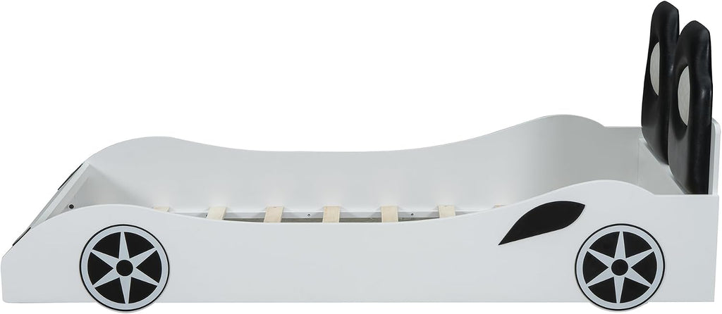 Race Car-Shaped Platform Bed with LED and Upholstered Backrest,Wood Bed Frame with Slat for Bedroom,No Box Spring Needed (White, Twin)