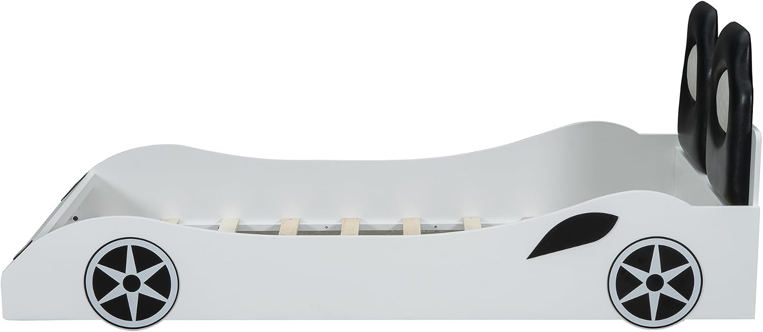 Race Car-Shaped Platform Bed with LED and Upholstered Backrest,Wood Bed Frame with Slat for Bedroom,No Box Spring Needed (White, Twin)