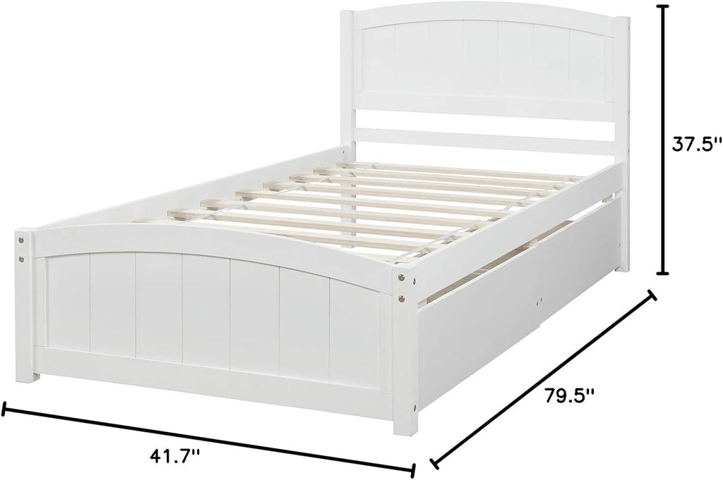Modern Solid Wood Bed Frame with Drawers Platform Bed with Wood Slat Support No Box Spring Needed Twin White