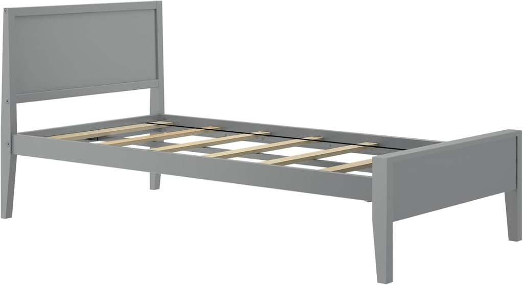 Max & Lily Twin Bed, Solid Wood Twin Bed Frame with Panel Headboard, Kids Twin Bed with Wood Slat Support, No Box Spring Needed, Grey