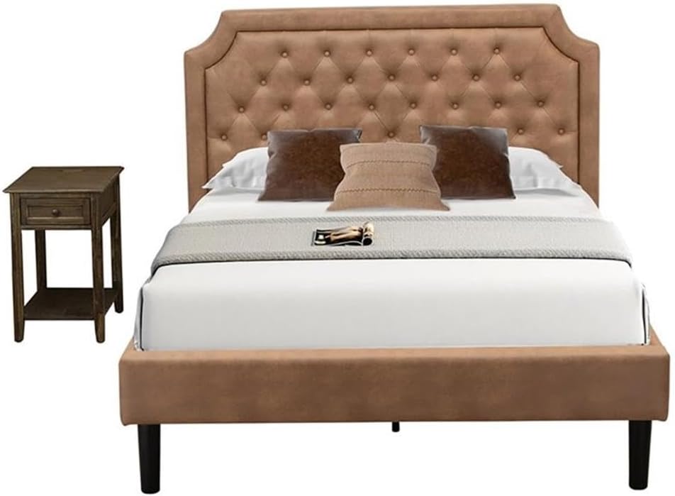 East West Furniture GB28F-1DE07 2-Pc Granbury Bedroom Set with Button Tufted Bed Frame and a Distressed Jacobean Night Stand for Bedrooms - Brown faux Leather with Brown Texture and Black Legs