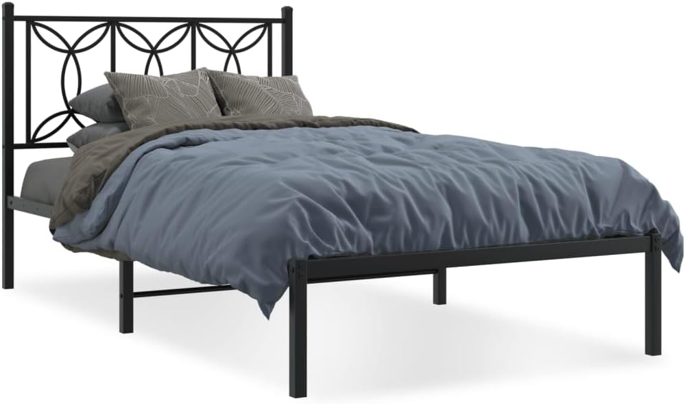 Metal Bed Frame with Headboard Black Steel Platform Base 39.4'x78.7' Queen/Twin Size Sturdy Bedframe for Bedroom Furniture Underbed Storage Space