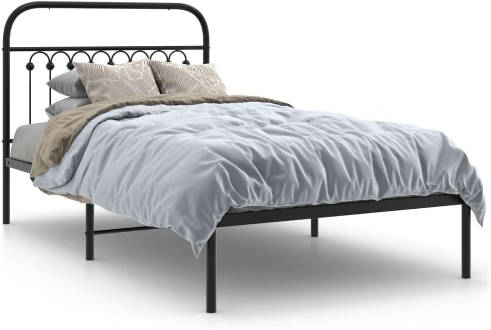 Black Steel Twin Bed Frame with Traditional Headboard, Sturdy Metal Construction for Mattress Support up to 39.4x78.7in, Durable and Elegant Design for Bedroom or Guest Room,