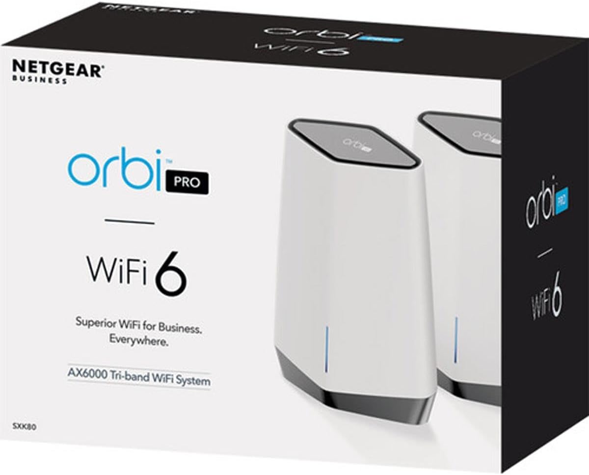 NETGEAR Orbi Pro WiFi 6 Tri-band Mesh System (SXK80) | Router with 1 Satellite Extender for Business or Home | Coverage up to 6,000 sq. ft. and 60+ Devices | AX6000 802.11 AX (up to 6Gbps) (Pack of 2)