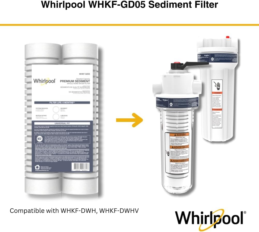 Whirlpool 10' x 2.5' Whole House Sediment Water Filters. WHKF-GD05 Grooved Filter, 5 Micron, NSF Certified Reduces Sand, Soil, Silt & Rust for Standard Filter Housings, 24-Pack
