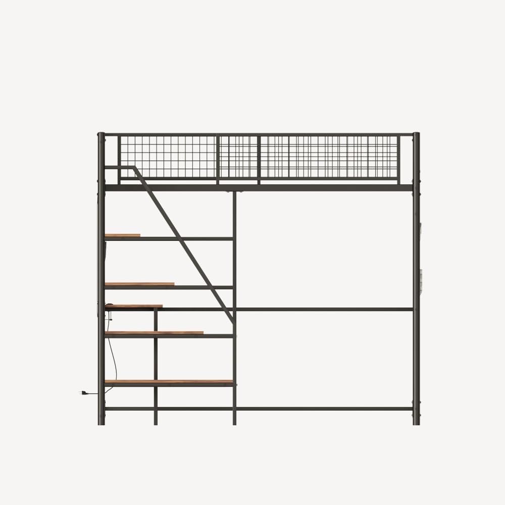 Twin Sized loft Metal Bed with Black for Bedroom and Dormitory, with Built-in Charging Station and LED Lighting (Black + Metal & Wood + Bedroom)