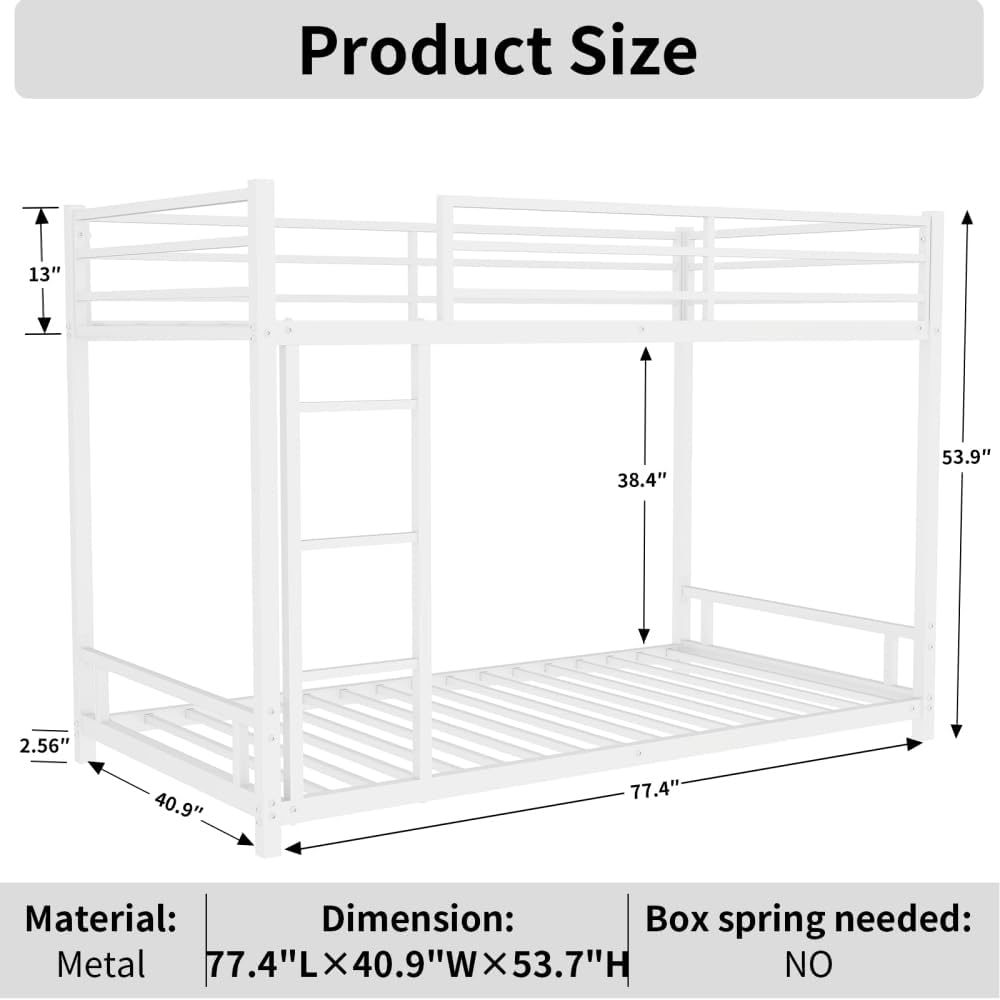 Twin Over Full Metal Bunk Bed, with Ladder & Full-Length Guardrail for Teens Adults, Noise Free (White + Metal + Metal-1)