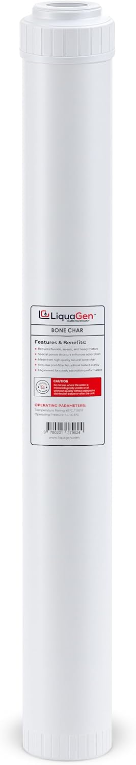 LiquaGen Bone Char Water Filter Replacement Cartridge – Helps Reduce Fluoride – Universal Refillable Filter for Whole House & Drinking Water – 2.5x10, 2.5x20, 4.5x10, 4.5x20 (1, 2.5' x 20')