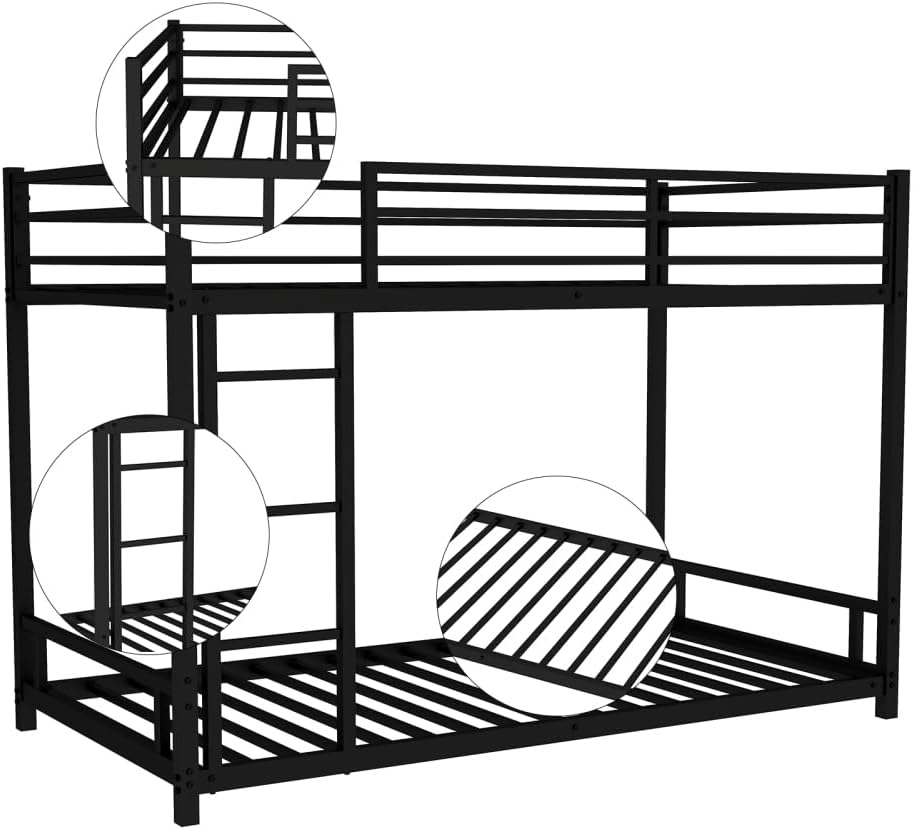 Twin Over Full Metal Bunk Bed, with Ladder & Full-Length Guardrail for Teens Adults, Noise Free (Black + Metal + Metal)