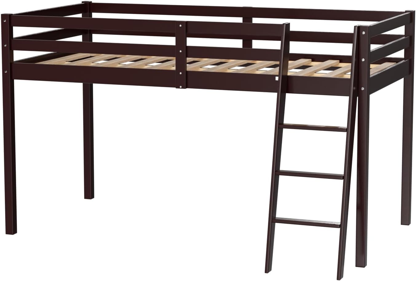VINGLI 47'' Tall Junior Low Loft Bed with Stairs, Wood Loft Bed Twin Size for Adults, Kids and Young Teens, No Box Spring Required,Wood Slat Support, Espresso