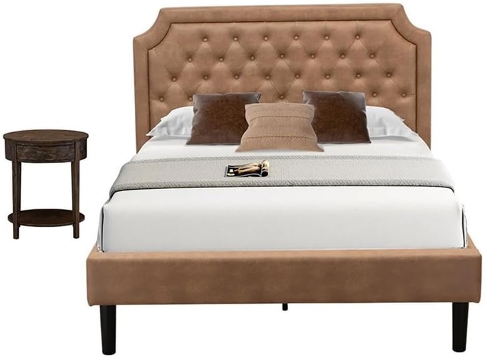 East West Furniture GB28F-1HI07 2-Piece Granbury Bedroom Furniture Set with Button Tufted Full Size Bed and a Distressed Jacobean Small End Table - Brown faux Leather with Brown Texture and Black Legs