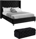 Home Square 2-Piece Set with Velvet Wing Back Full Bed and Ottoman in Black