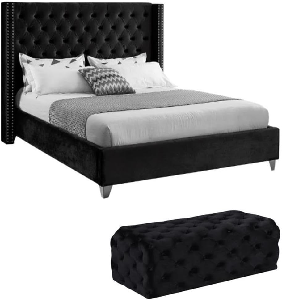 Home Square 2-Piece Set with Velvet Wing Back Full Bed and Ottoman in Black