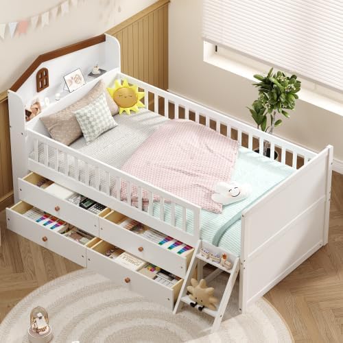 Bellemave Kids Platform Bed with Guardrail Headboard and Ladder, Twin Size Wooden Bed Frame with 4 Drawers for Boys Girls, White