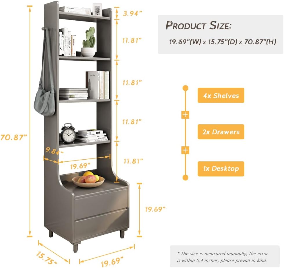 IOTXY Grey Bedside Table Bookshelf - 71' Tall Free Standing Wooden Open Shelf Bookcase with Drawers and 4-Shelves for Bedroom, Bed Side End Table, Nightstand