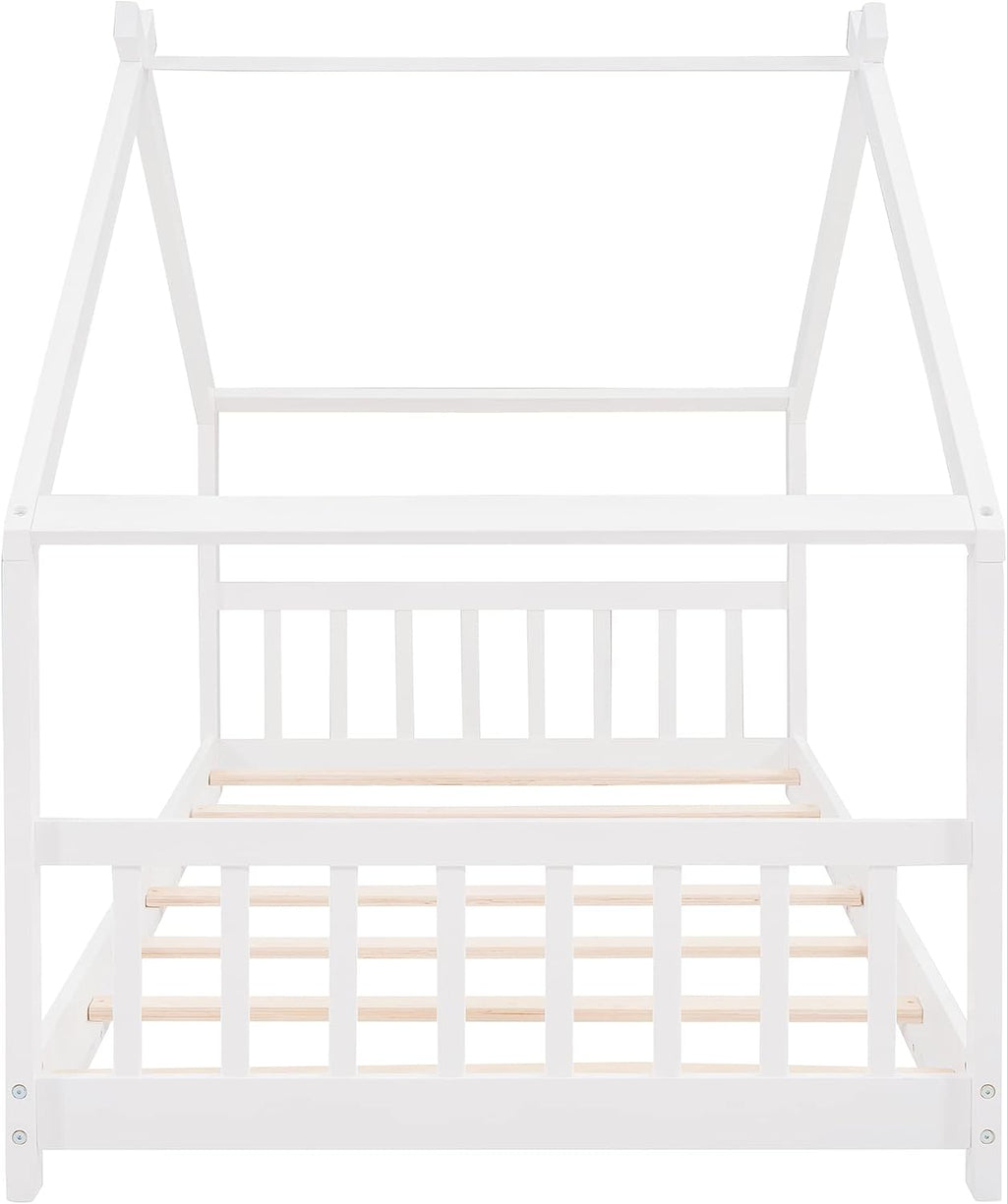 JIVOIT Twin Size Wood House Bed, Solid Wood Tent Bed Canopy Bed Frame with Roof Design, Twin Floor Bed with Wood Slats Support, No Box Spring Needed(White-Twin-Pinewood)