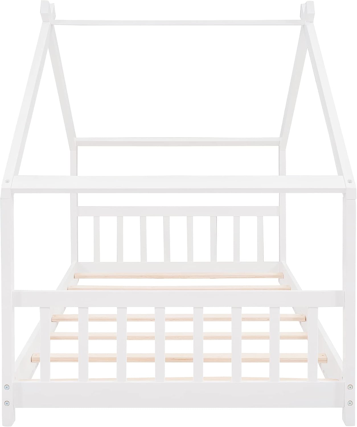 JIVOIT Twin Size Wood House Bed, Solid Wood Tent Bed Canopy Bed Frame with Roof Design, Twin Floor Bed with Wood Slats Support, No Box Spring Needed(White-Twin-Pinewood)