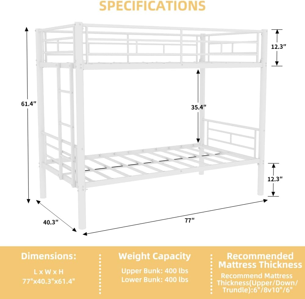 Twin Over Full Metal Bunk Bed, with Ladder & Full-Length Guardrail for Teens Adults, Noise Free (White + Metal + Metal-2)