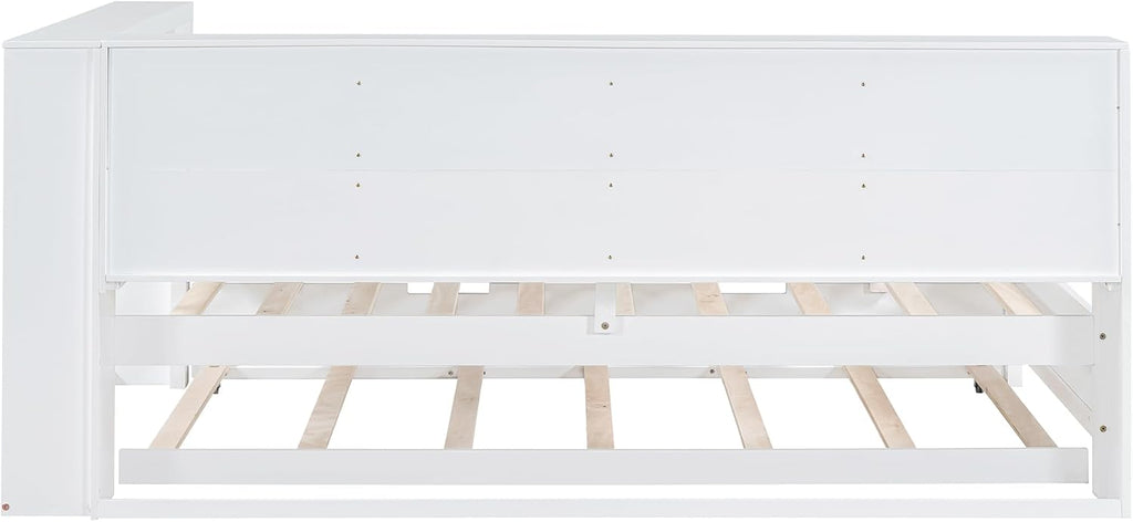 Modern Twin Size Daybed with Trundle, Solid Wood Captain Platform Bed with Storage Cabinets and USB Ports, Low Floor Bed for Kids Teens Adult Bedroom, Easy Assembly (White-XX115)
