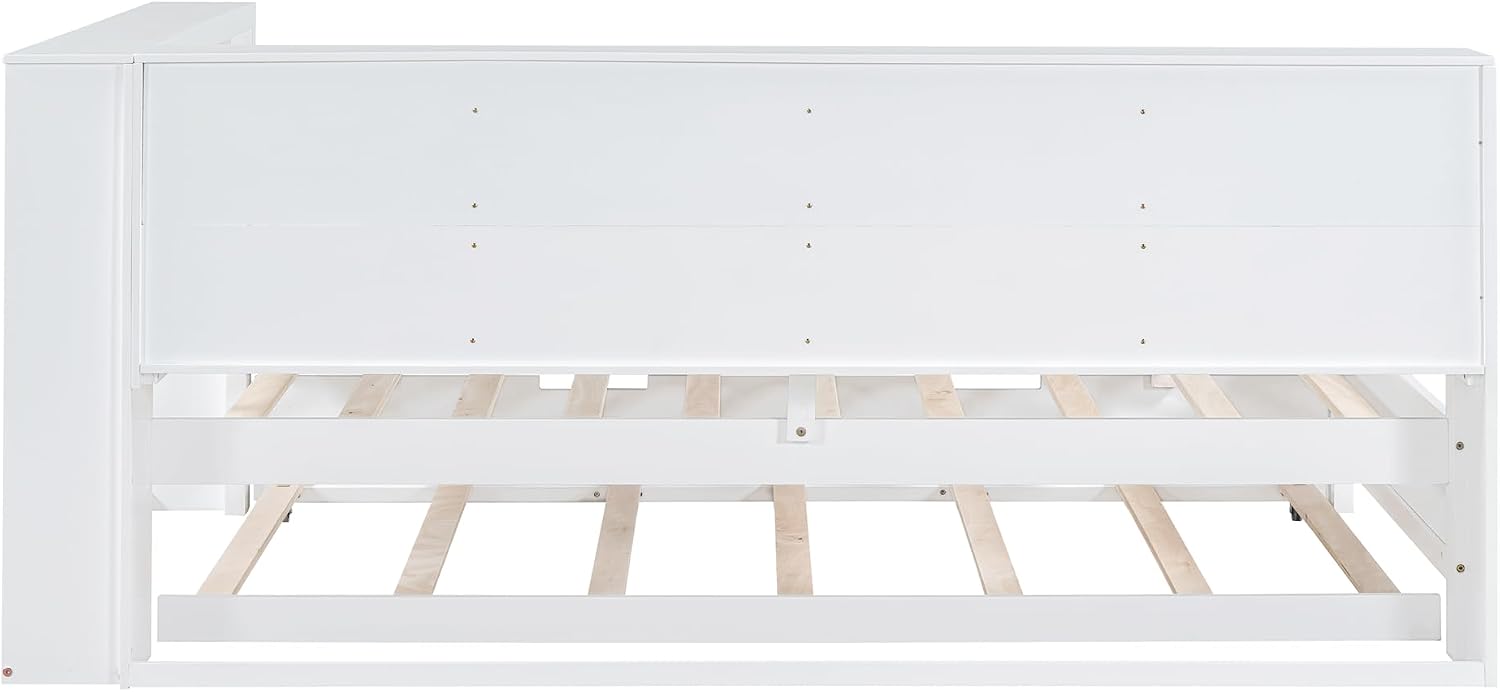 Modern Twin Size Daybed with Trundle, Solid Wood Captain Platform Bed with Storage Cabinets and USB Ports, Low Floor Bed for Kids Teens Adult Bedroom, Easy Assembly (White-XX115)