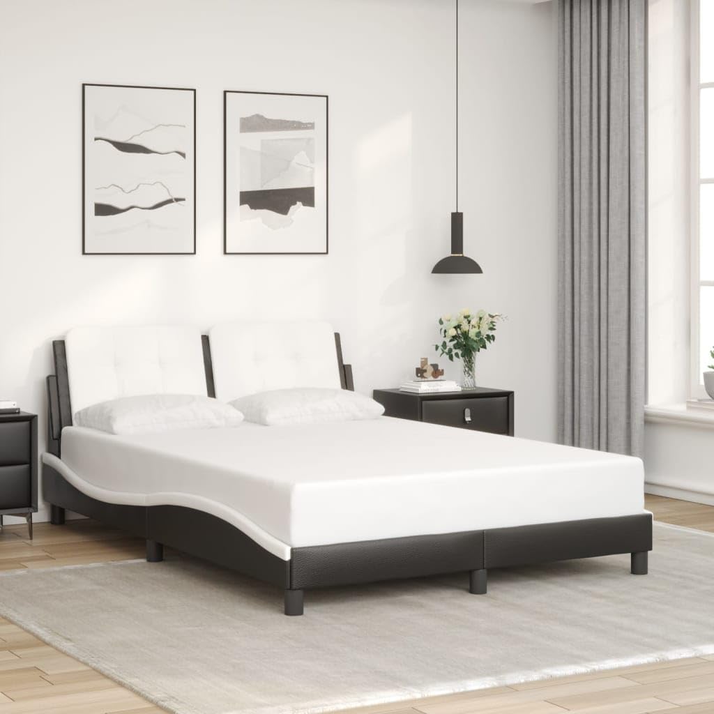 Queen Size Faux Leather Platform Bed Frame with Headboard Black and White 53.9'x74.8' Modern Waved Design Bedframe for Bedroom Furniture