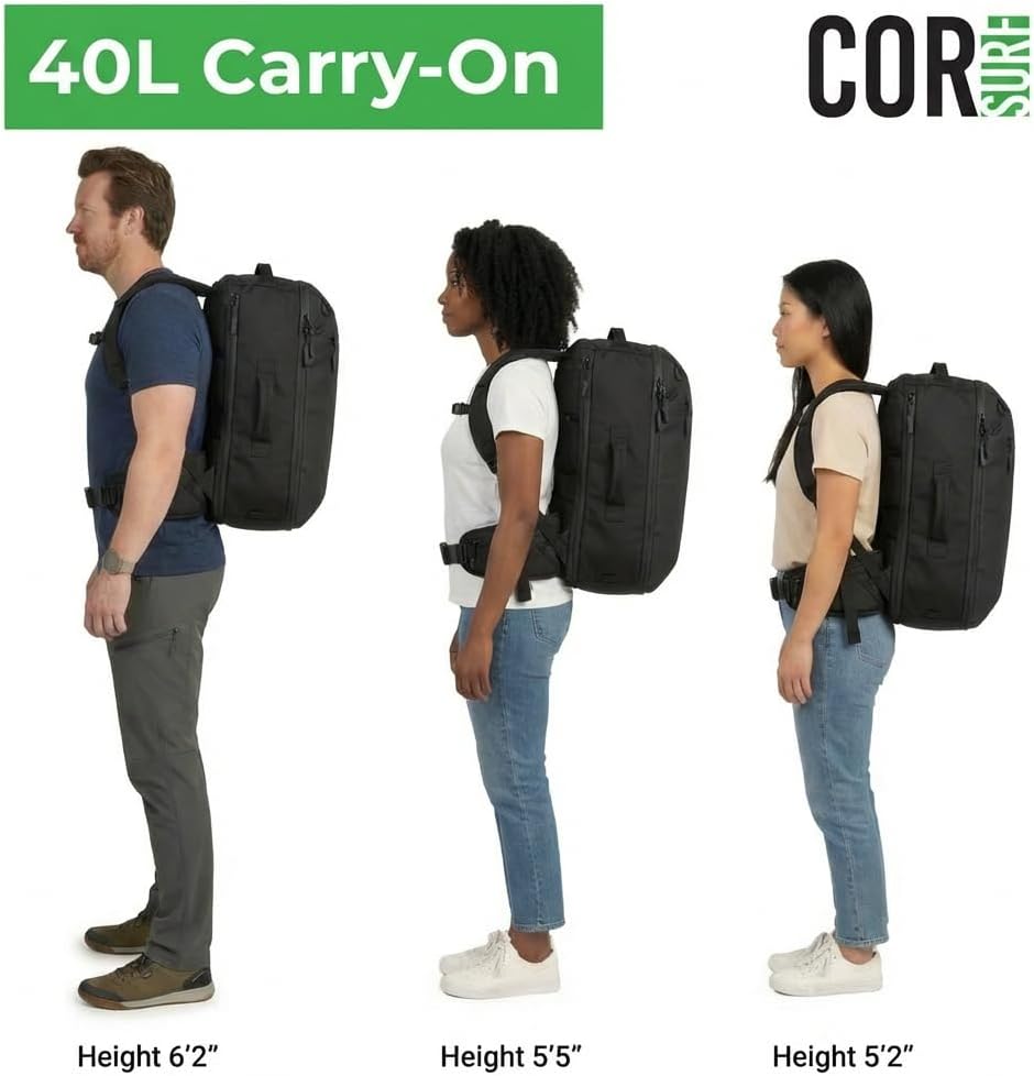 COR Surf Travel Backpack Carry On Backpack for Airplanes - Travel Backpack with Clamshell Design The Island Hopper - 40L Black