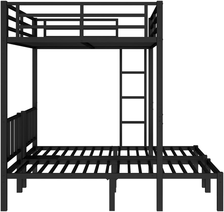 Twin Over Twin & Queen Bunk Bed, with Safety Guardrails,Space-Saving/Noise Reduced,Black (Black + Metal-1)