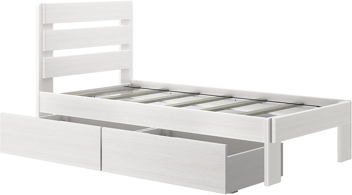 Max & Lily Modern Farmhouse Bed with Plank Headboard and Storage Drawers, Twin, White Wash