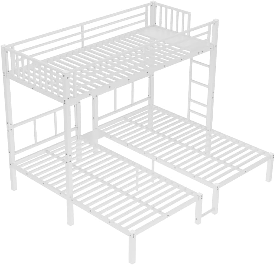 Twin Over Twin & Queen Bunk Bed, with Safety Guardrails,Space-Saving/Noise Reduced,Black (White + Metal)