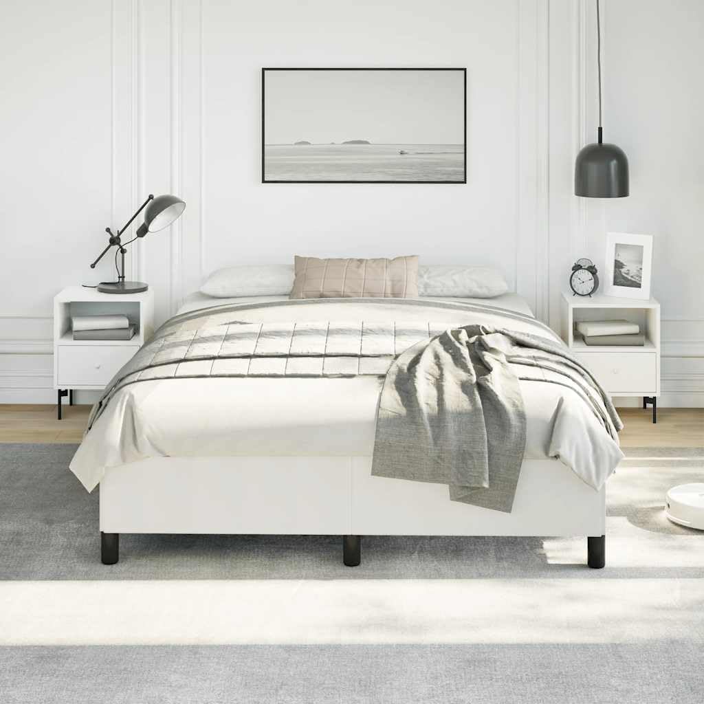 White Queen Upholstered Platform Bed Frame with Sturdy Wood Legs, Modern Faux Leather Mattress Foundation for Bedroom Space Saving Design