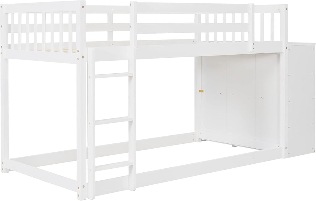 Twin-Over-Twin Size Bunk Bed, Bedroom Furniture Pine Wood Bed Frame with Storage Drawers and Open Shelves, Drawers and Shelves Set Can Be Moved, for Kids & Teens (White)