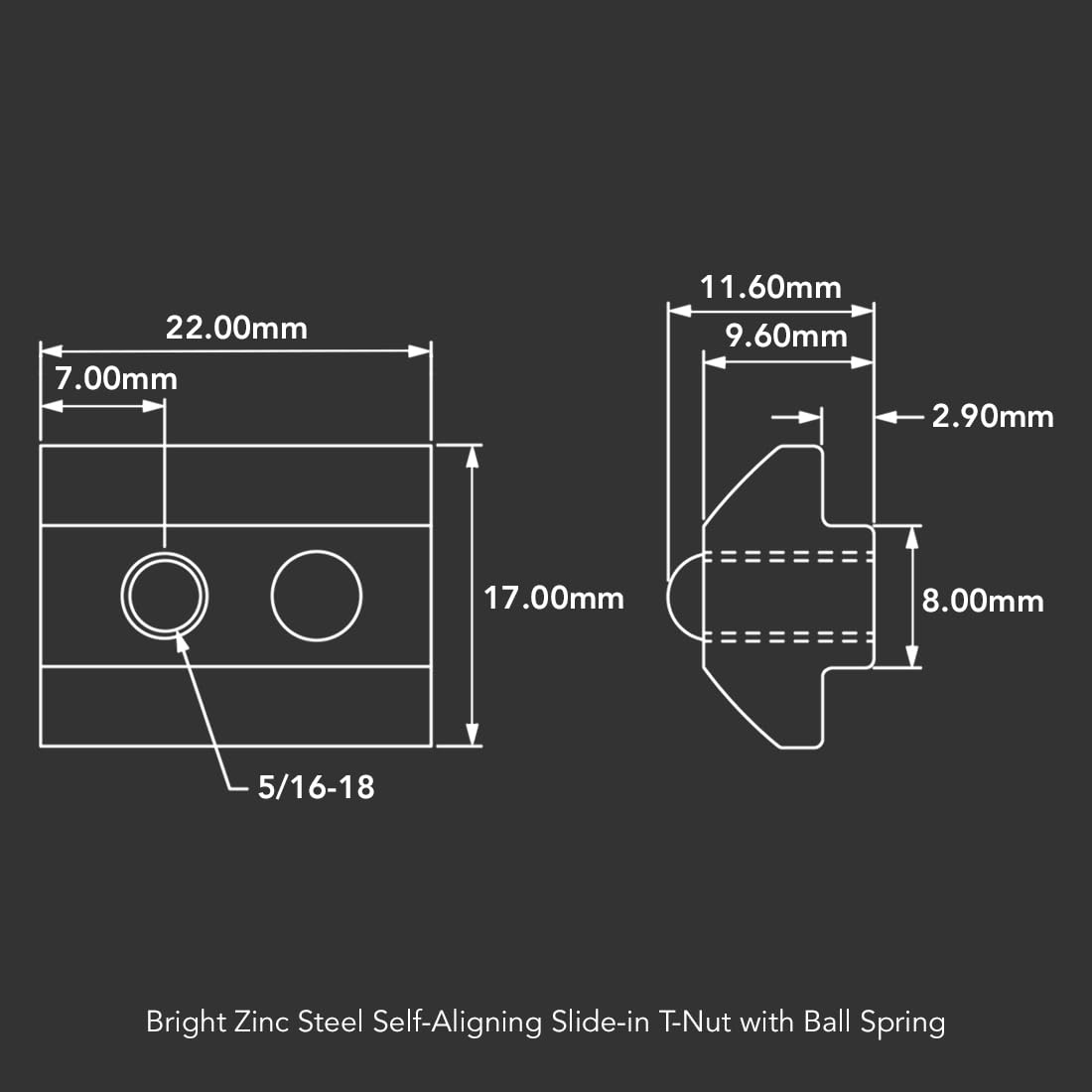8020, 13055, 15 40 Series 5/16-18 Steel Self Aligning Slide in T-Nut with Ball Spring - T Slot Accessories for 80/20 Aluminum Extrusion - Hardware Nuts (100 Pack)