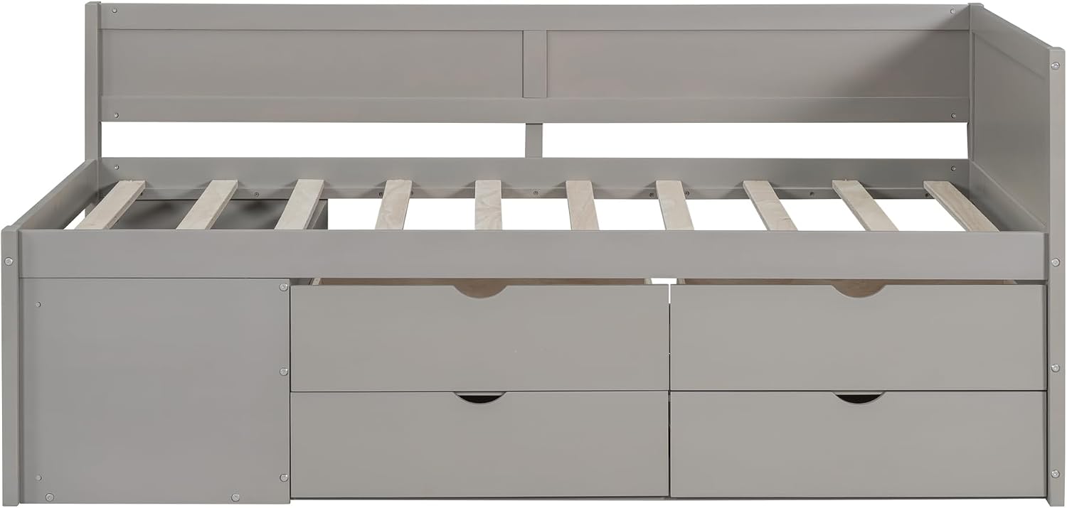 Twin Size Daybed with 4 Pull-Out Drawers and 3 Functioning Shelves,Solid Wood Day Bed Frame with Wooden Slats Support for Bedroom,No Box Spring Required (Gray-AB40)