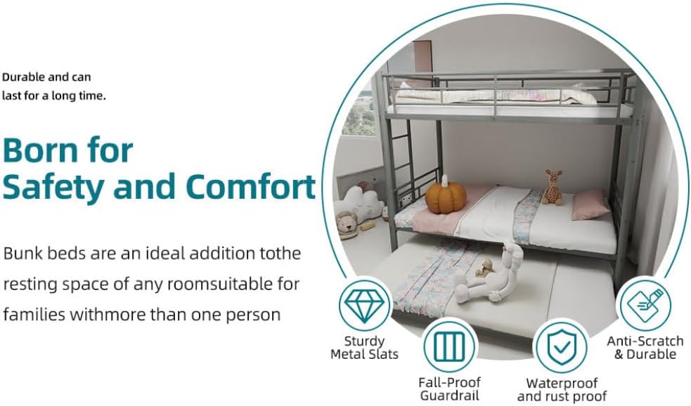 Twin Over Full Metal Bunk Bed, with Ladder & Full-Length Guardrail for Teens Adults, Noise Free (Silver + Metal + Twin)