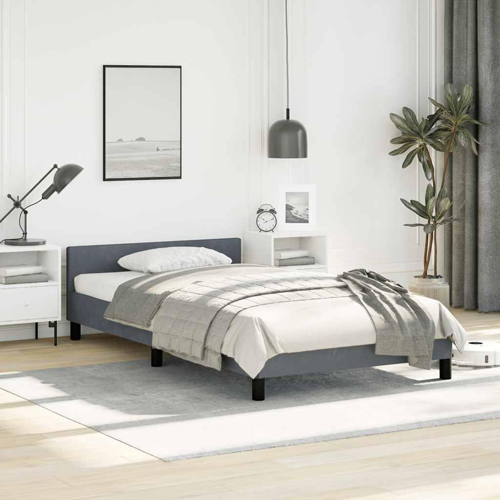 Dark Grey Velvet Twin Bed Frame with Headboard 39.4 x 77.6 Inches Upholstered Platform Bed Frame Soft Fabric Velvet Cover Modern Design Easy Assembly for Bedroom