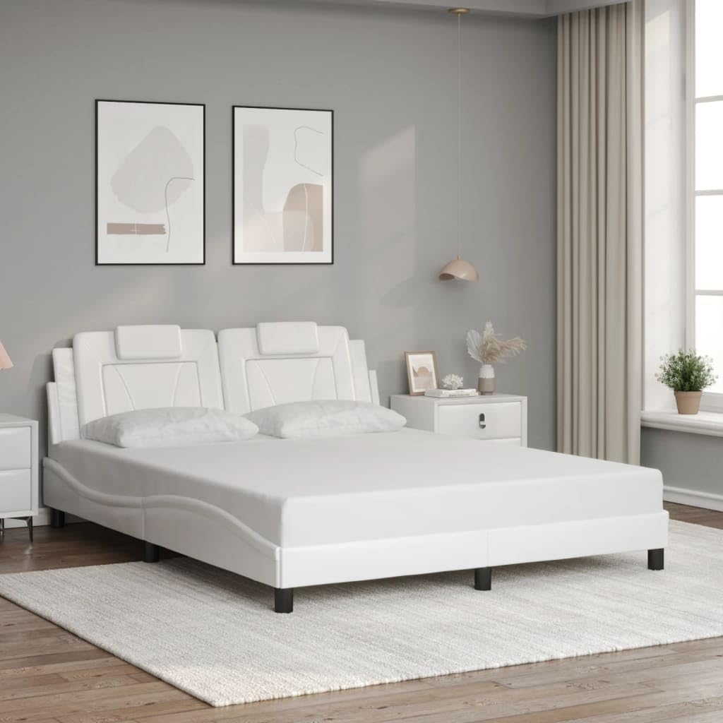 Queen Upholstered Bed Frame White Faux Leather 59.8'x79.9' with Headboard and Wave Design Platform Style for Modern Bedroom Furniture