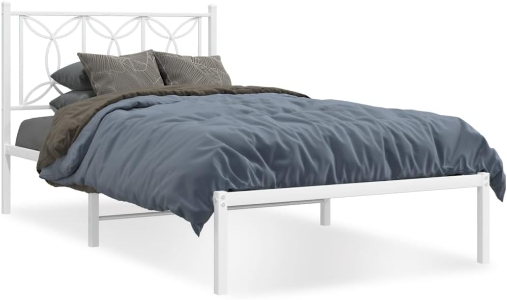 Twin Size Metal Bed Frame with Headboard White Sturdy Steel Platform Bedframe Underbed Storage Space 39.4'x78.7' for Bedroom Guest Room