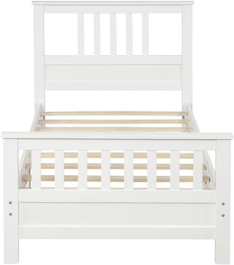 Solid Wood Platform Bed Frame with Integrated Headboard and Footboard for Supportive, Minimalist Bedroom Setup (White + Pine + Twin)