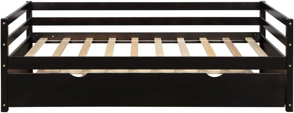 Twin Daybed with Trundle Frame Set in White, Solid Pine Wood Construction for Kids Room or Guest Bedroom (Espresso + Pine + Bedroom)