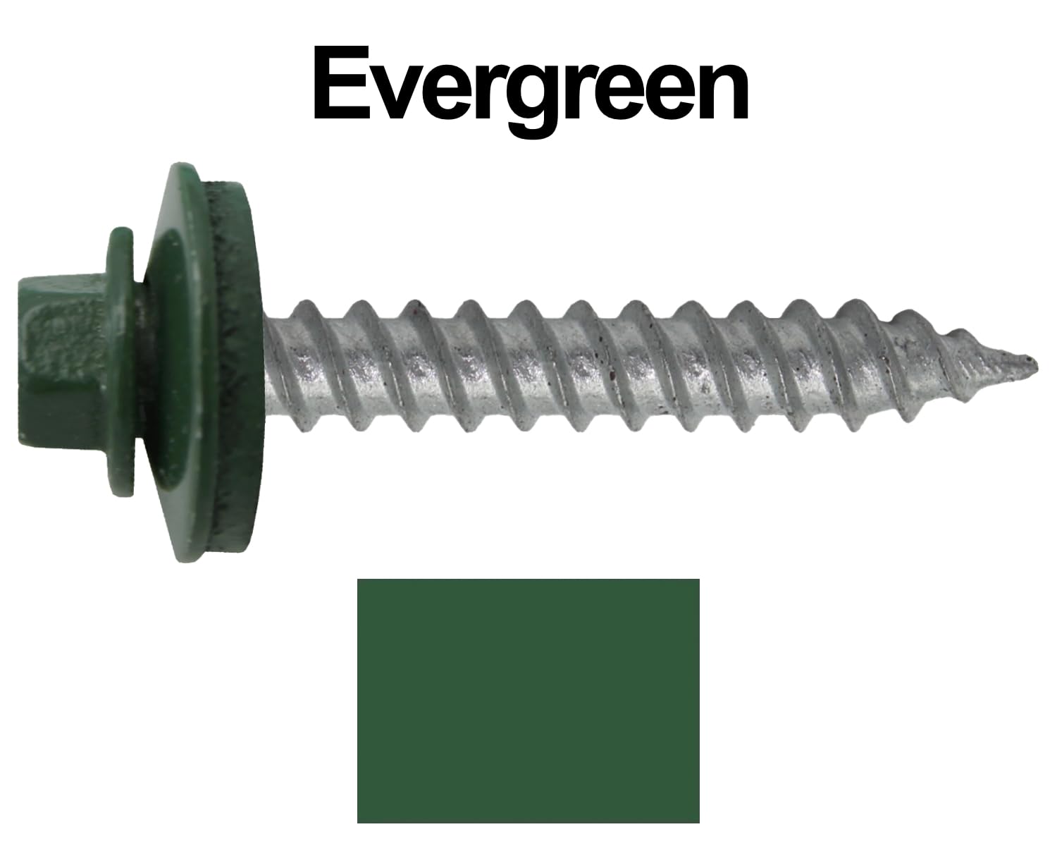 12 x 1-1/2' Evergreen Metal Roofing Screws - Hex Washer Head- Self-Starting/Tapping - EPDM Washer. 6 X 250 Bags - 1,500 Screws