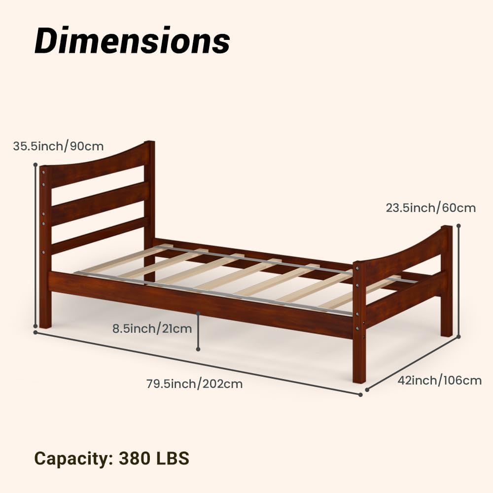 NAFORT Twin Size Wood Bed Frame/Twin Platform Bed Frame with Headboard and Footboard, Bed Frames for Boys Girls, Pine Wooden Mattress Foundation, No Box Spring Needed - Walnut
