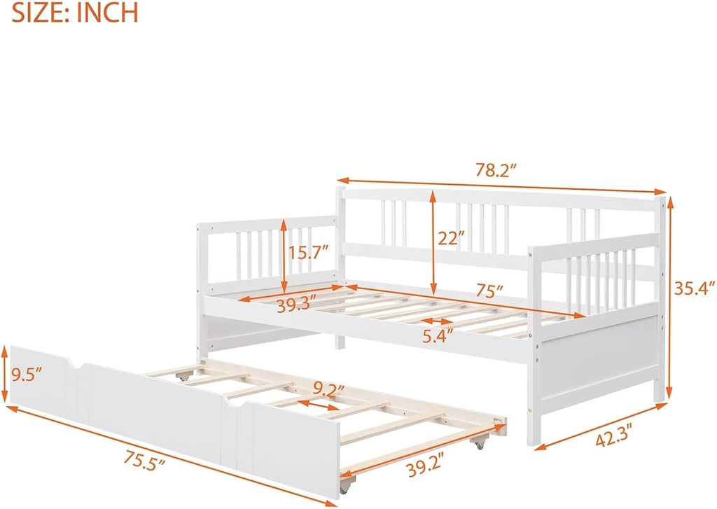 Twin Metal Platform Bed Frame, White Bed Set Solid Wood Bohemian Sofa Bed with Slats Daybed with Trundle for Teen Adult Bedroom Living Room