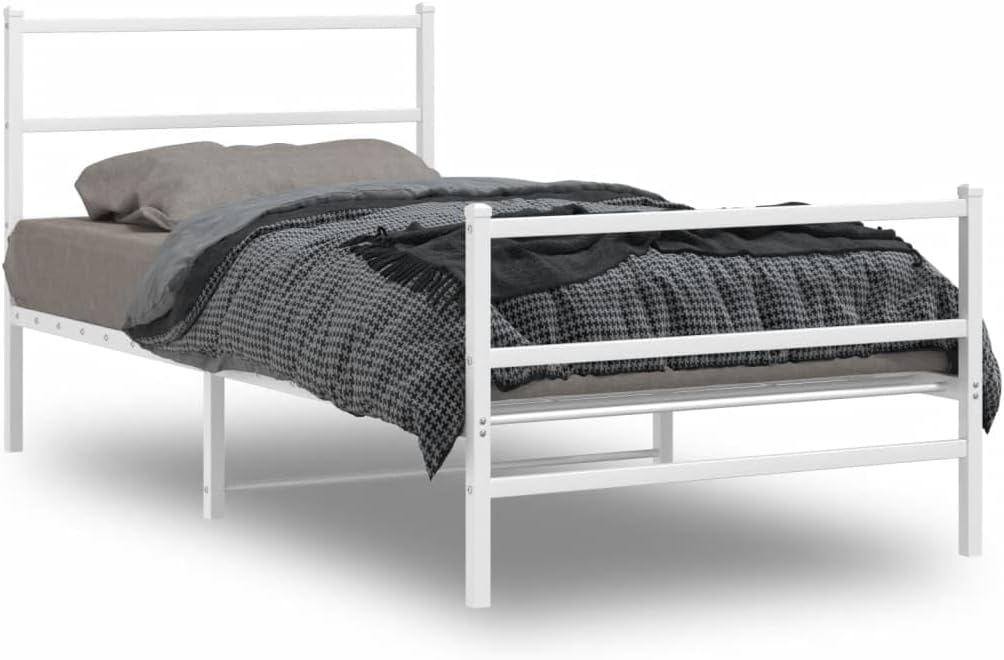 Twin Bed Frame White Metal Modern Design with Headboard and Footboard Sturdy Powder Coated Steel Construction for Bedroom Adults and Guests