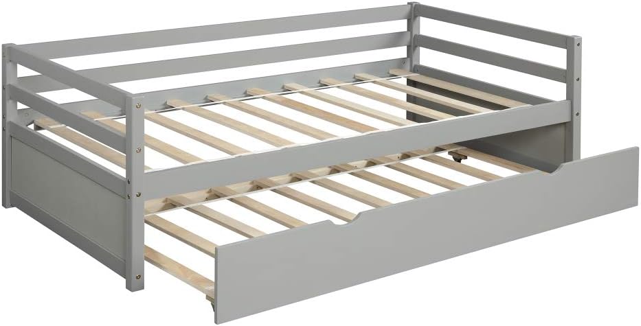 Twin Daybed with Trundle Frame Set in White, Solid Pine Wood Construction for Kids Room or Guest Bedroom (Gray + Pine + Bedroom)