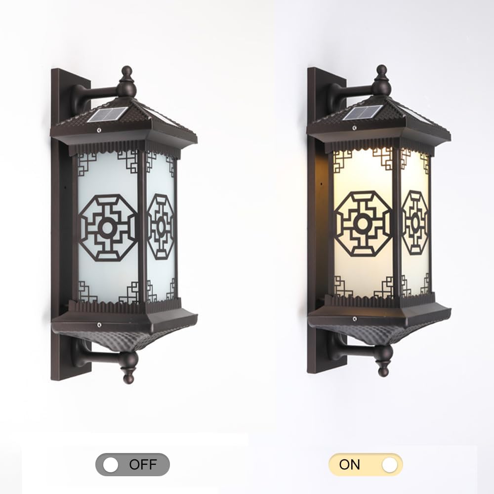 Outdoor Solar Wall Light Vintage Lantern Wall Sconce Cordless Solar Powered Wall Mounted Lamp Exterior Porch Lights Patio Fence Outside Sconces Wall Lighting Fixture