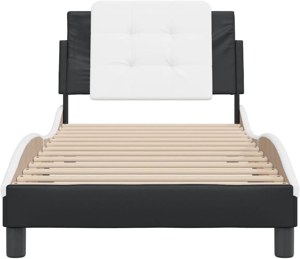 Twin Bed Frame with Upholstered Headboard, Black and White Wood Frame, Single Sleeper Size Modern Design for Bedroom Furniture